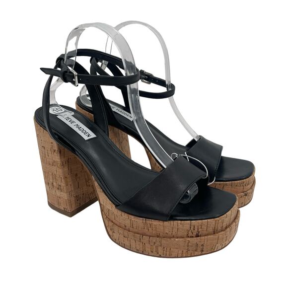 NEW STEVE MADDEN Warped Heels Size 10 Platform Leather Black Cork Y2K Inspired - Picture 1 of 12
